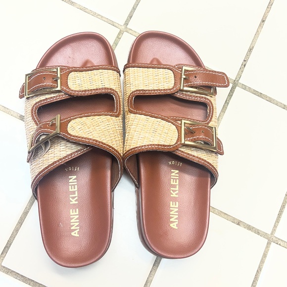 Anne Klein Shoes - Anne Klein Brown and Natural Woven Double Buckle Slide Sandals